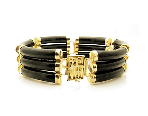 14k Triple Fu Fuku Good Fortune Onyx Bracelet