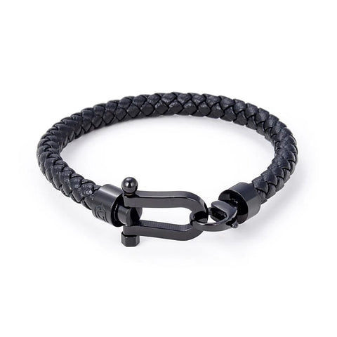 Giorgio Milano Black Ion Plated Steel Horse Shoe Braided Leather Bracelet