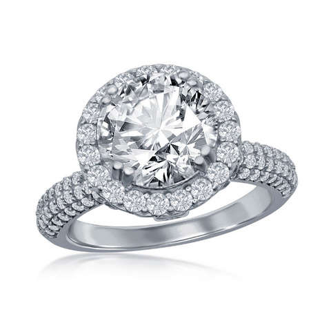 Sterling Silver Crown Micro Pave Set Round CZ with Halo Engagement Ring