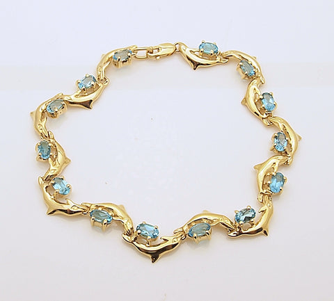 14k Gold Dolphin Blue Topaz Link Bracelet