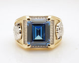 14k Men's Denim Blue CZ Ring with Lion Sides