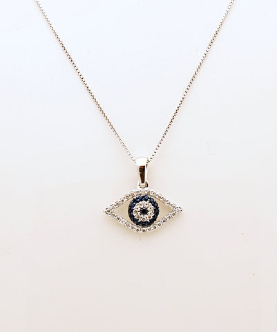 14k White Gold Evil Eye Diamond Sapphire Pendant Necklace
