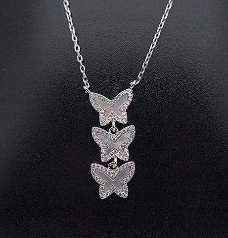 Sterling Silver Mother of Pearl CZ Butterfly Pendant Necklace