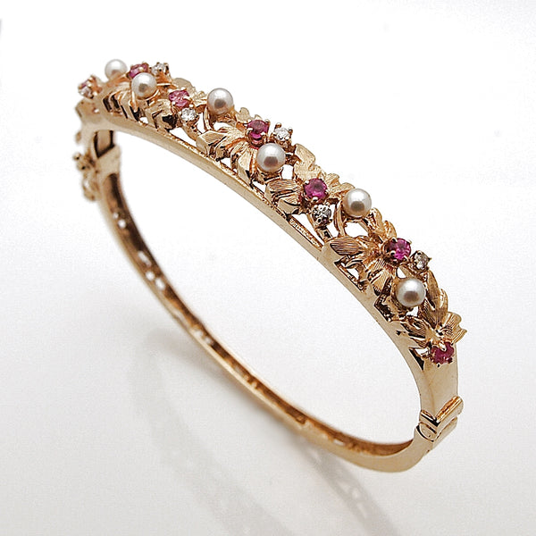 Estate 14KT Yellow Gold Cable Twist Sapphire, Ruby, + Pearl Bangle