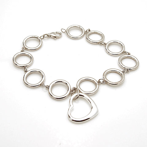 Sterling Silver Dangle Floating Heart Circle Link Bracelet