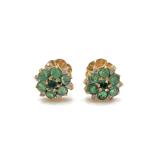 Estate 18k Yellow Gold Emerald and Diamond Cluster Stud Earrings