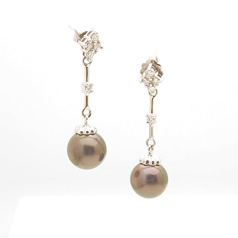14k White Gold Black Pearl and Diamond Earrings