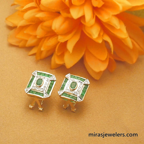 Vintage 14k Emerald and Diamond Omega Back Earrings