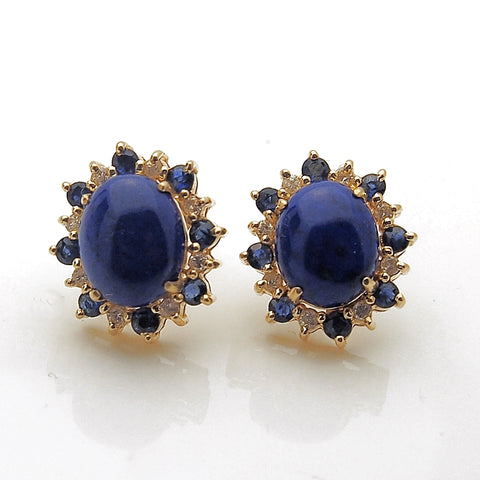 Estate 14k Yellow Gold Lapis Blue Sapphire and Diamond Earrings