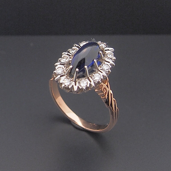 Estate Vintage 14k Rose Gold Soviet Era Sapphire and Diamond Ring