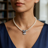 Pearl Necklace with 14k White Gold Diamond and Sapphire Enhancer