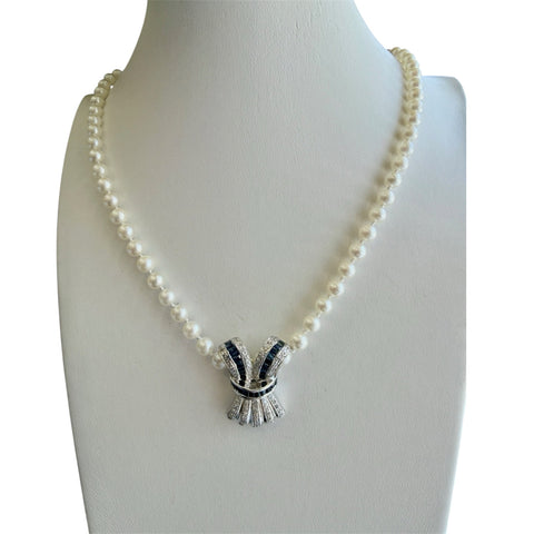 Pearl Necklace with 14k White Gold Diamond and Sapphire Enhancer