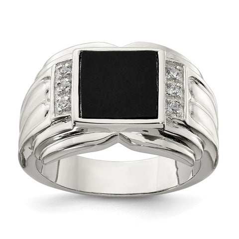 Sterling Silver Rhodium-plated CZ and Onyx Men's Ring