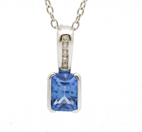 14k white Gold Blue Topaz Diamond Pendant Necklace