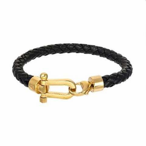Giorgio Milano Gold Ion Plated Steel Horse Shoe Braided Leather Bracelet