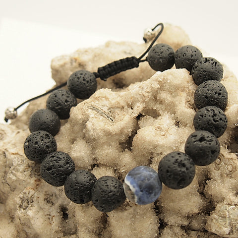 Men's Sodalite Accented Lava Bead Adjustable Bracelet