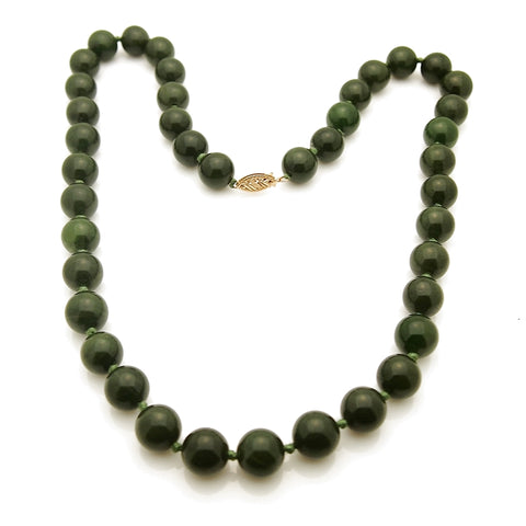 Estate Antique 14k Chinese Jade 10 MM Bead Necklace