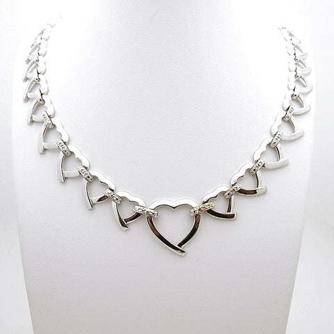 Sterling Silver Heart Link CZ Necklace