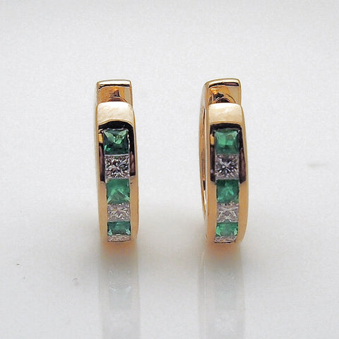 14k Gold Diamond and Emerald Hinged Hoop Earrings