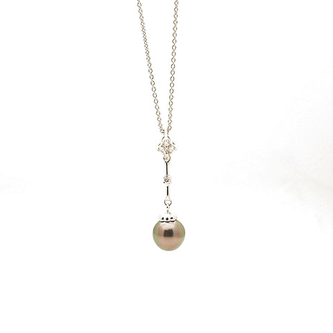 14k White Gold BLack Pearl and Diamond Pendant Necklace