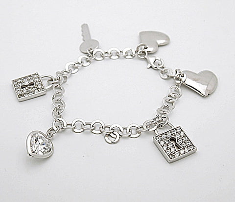 Sterling Silver Heart Lock and Key Charm Bracelet
