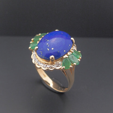 Estate 14k Lapis Emerald and Diamond Ring
