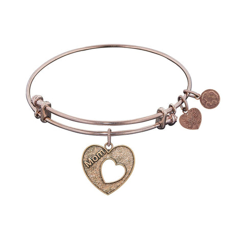 Antique Pink Stipple Finish Brass Heart with “Mom and Open Heart” Angelica Bangle
