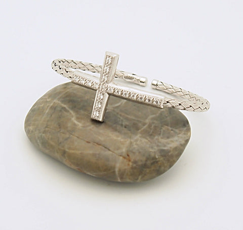 D'Landi Sterling Silver CZ Sideways Cross Cuff Bracelet