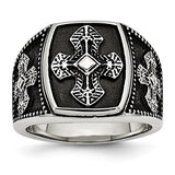 Stainless Steel Polished And Antiqued Cross Ring
