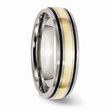 Titanium Grooved 14k Yellow Inlay 6mm Brushed And Antiqued Band