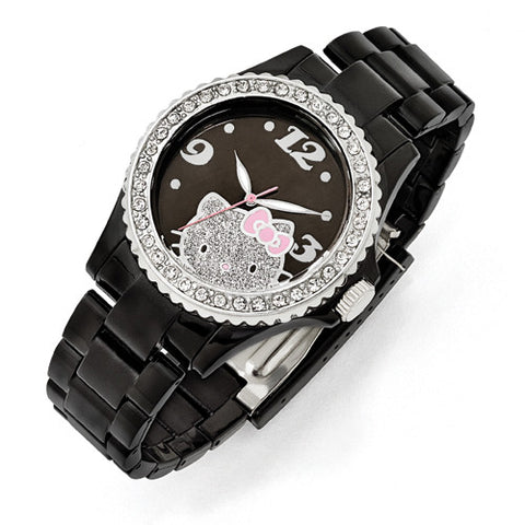 Hello Kitty Black Acrylic Case Crystal Bezel W/ Black & Glitter Dial Watch
